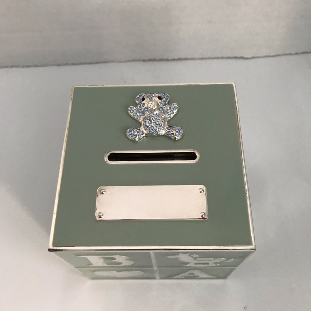 Elegance Silver silver plated Money Box in ABC cube with rhinestone teddy